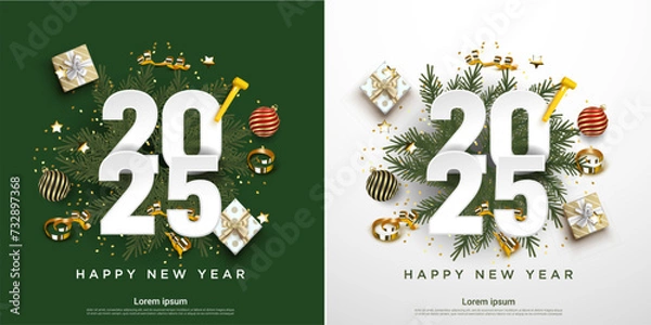 Obraz 2025 happy new year. festive realistic decoration. Celebrate party 2025 on set square background
