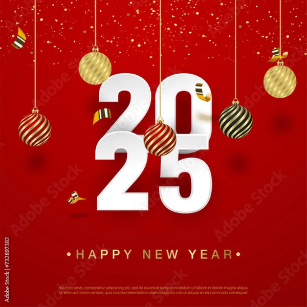 Obraz Happy new 2025 year with realistic ball and ribbon on red square background.