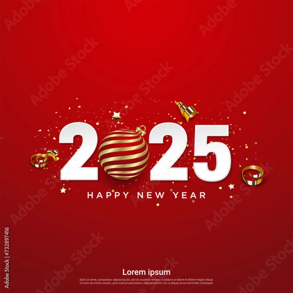 Obraz Happy new 2025 year with realistic ball on square background.