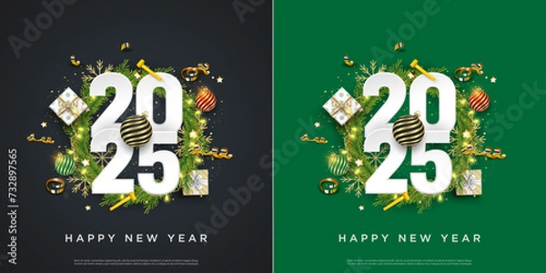 Obraz Set of Happy New Year 2025. festive realistic decoration. Celebrate party 2025 on square background