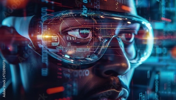 Fototapeta A man exploring virtual reality, immersive business experience.