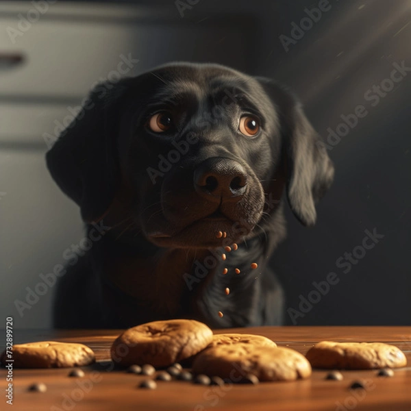 Fototapeta Innocent dog eating chocolate cookies, created by Generative AI.