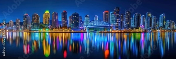 Obraz Colorful waterfront skyscrapers. Fictional city with tall buildings reflecting on the water surface.