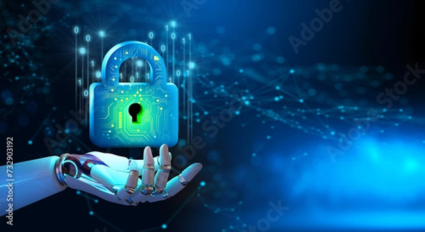 Fototapeta Robot hand holding Padlock with Keyhole. Cyber data and information privacy. Future technology security, Network protection, and Modern safety digital Concept.