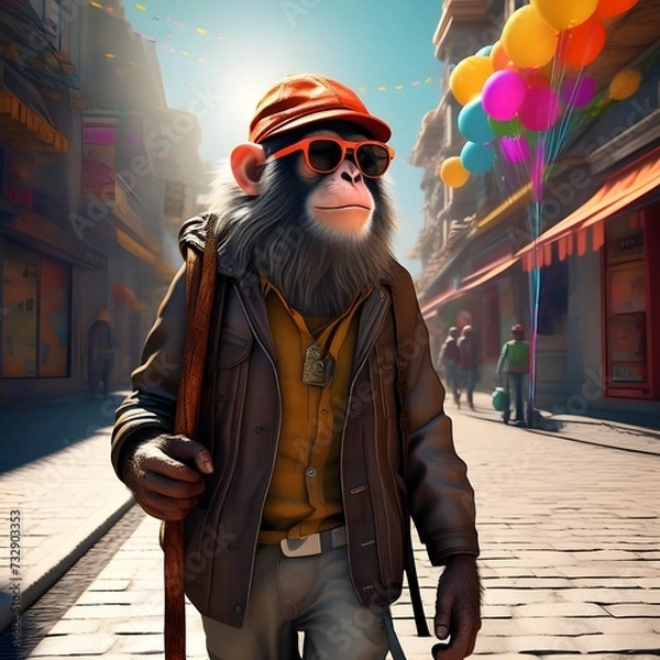 Obraz Monkey wearing clothes walking down the street