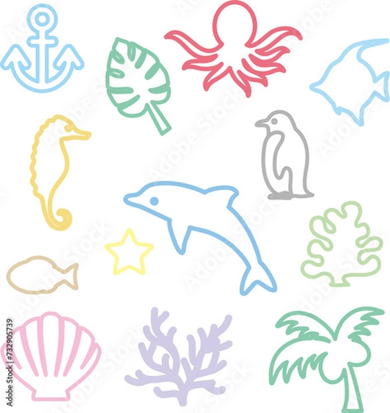 Fototapeta 夏　アイコン　あしらい　飾り　シルエット　おしゃれ　かわいい　イラスト素材セット