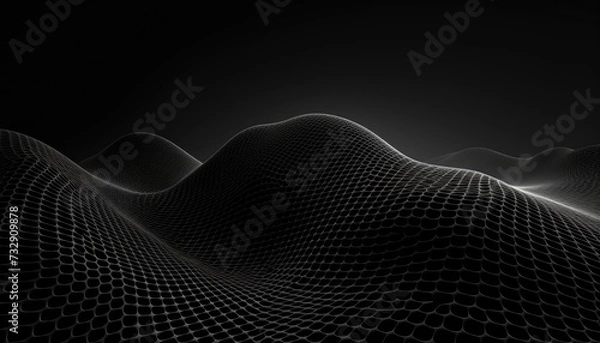 Fototapeta Perspective distorted black grid. Digital background with wireframe wave