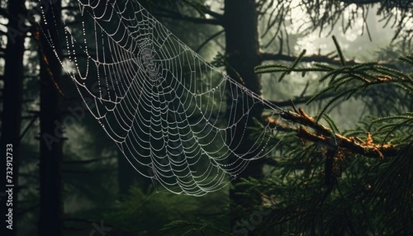 Fototapeta Beautiful spider web with dew drops in the forest at sunrise