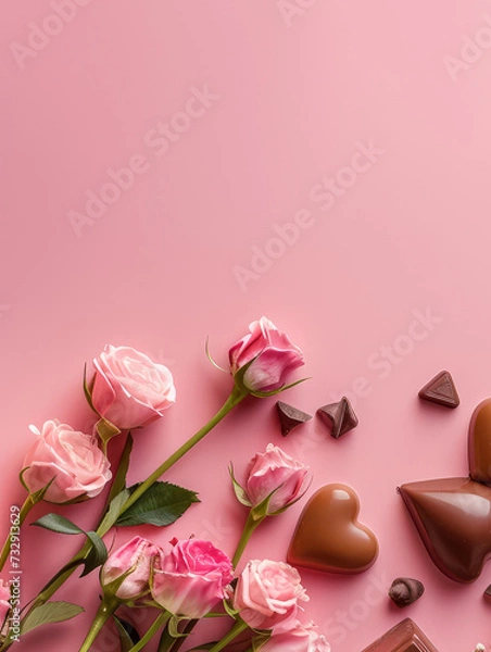 Obraz Valentine's Day. Flowers and Chocolates composition. Valentines day background