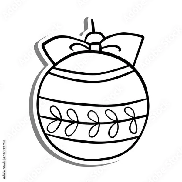 Obraz Little Leaves Xmas Ball Outline on white silhouette and gray shadow. Hand drawn cartoon style. Vector illustration for decorate and any design.