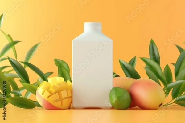 Obraz mockup white juice carton packaging, mango and green leaves, 3d, minimalism. Yellow background with fruits. 