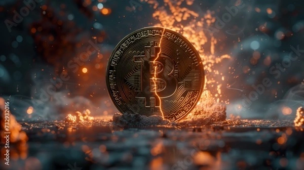 Obraz Bitcoin coin divided by a fiery crack on a reflective surface,  symbolizing the Bitcoin Halving Concept