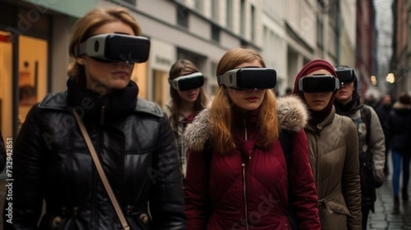 Fototapeta A surreal sight unfolds as people, immersed in virtual reality, wander through city streets with VR goggles, disconnected from the present.