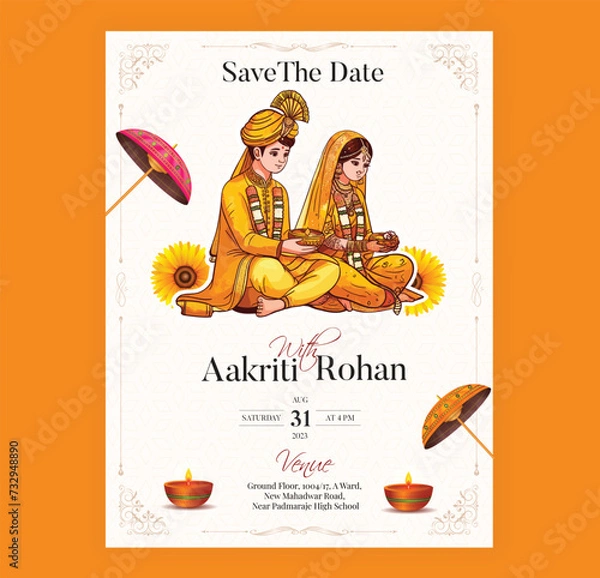 Fototapeta Traditional Royal Wedding Invitation card design with bride and groom illustration in Yellow