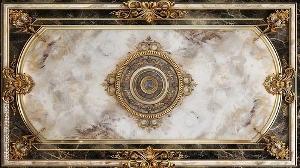 Fototapeta Abstract ornamental vintage aesthetics marble framed wall hanging, in the style of intricate frescoes ceiling design. Luxurious baroque style patchwork patterns. Decorative borders with gold.