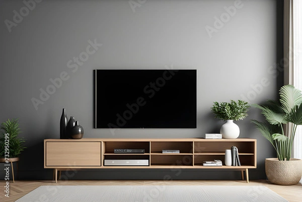 Obraz Simple minimal cabinet for tv interior wall mockup,3d rendering