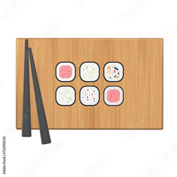 Fototapeta 3D illustration of sushi and roll with chopsticks and soy sauce on a wooden table. 3D rendering of a cartoon Japanese food.