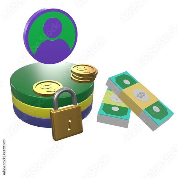 Fototapeta US dollar objects and padlocks with asterisks and exclamation marks on white background. Password protection Bank account security Prevent cyber theft or hackers. 3D Illustration.