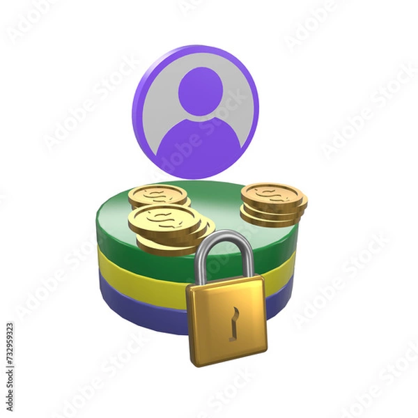 Fototapeta US dollar objects and padlocks with asterisks and exclamation marks on white background. Password protection Bank account security Prevent cyber theft or hackers. 3D Illustration.