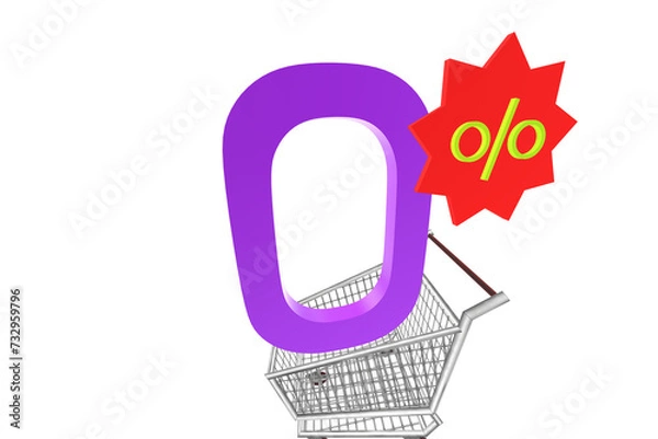 Fototapeta online shopping cart with shopping bags on a white background. Shopping Trolley. Grocery push cart. Minimalist concept, isolated cart. 3d render illustration,zero percent