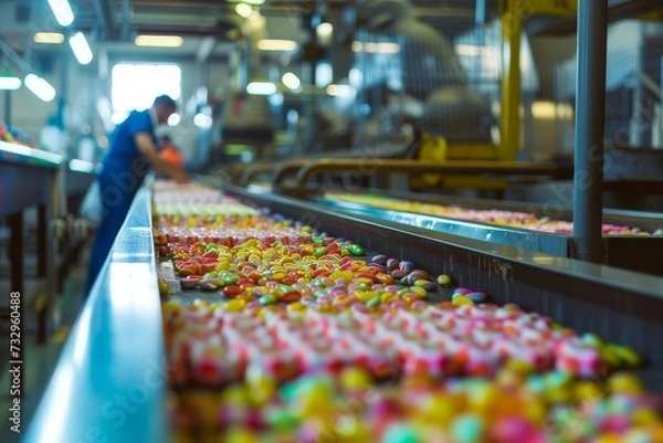 Obraz Candy Production Line in Factory. Conveyor belt filled with colorful candies concept