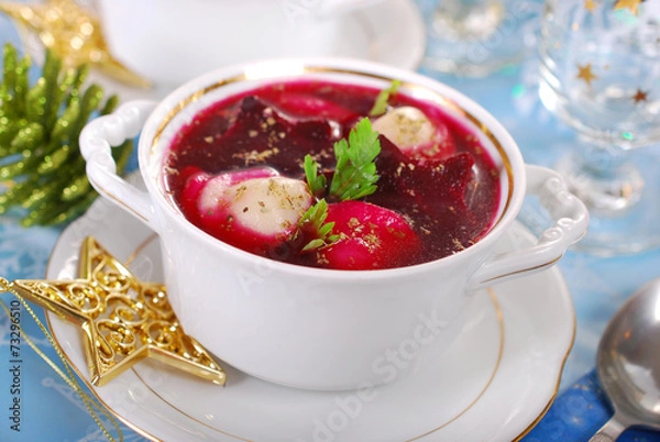 Obraz red borscht with ravioli for christmas