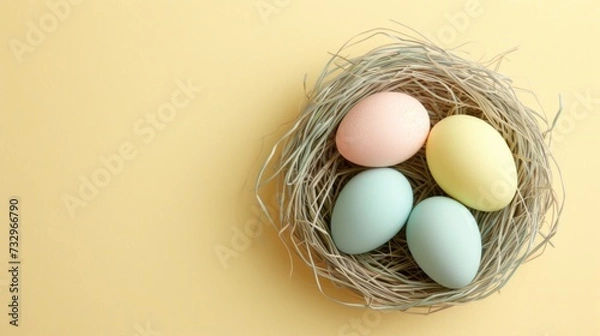 Fototapeta Colorful Easter Nest Flat Lay Festive Eggs Nestled in a Whimsical Nest on a Soft Yellow Background