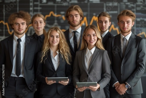Fototapeta Young Business Team in Formal Attire Brainstorming with Tablet in Sleek Office, Graphs Displayed in Background
