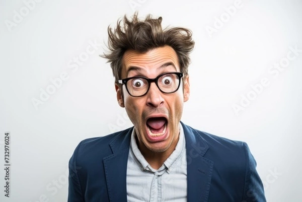 Fototapeta A man with glasses and a suit is making a surprised face. Generative AI.