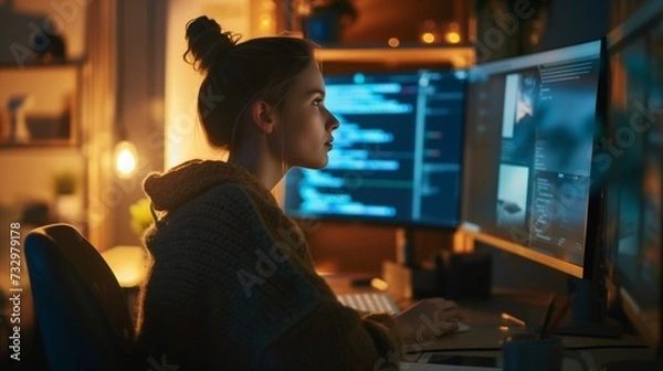 Obraz Focused female programmer coding on dual monitors in a home office setting with warm ambient lighting.