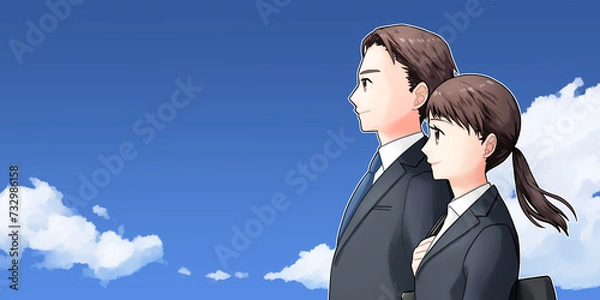 Fototapeta スーツ姿の若い男女　横向き上半身　青空背景