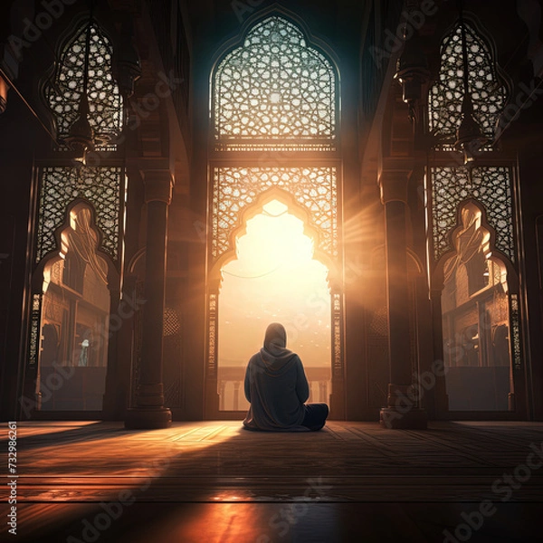 Obraz a image of a person sitting in a mosque with the sun shining through the windows