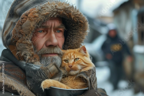 Fototapeta A homeless man and his stray cat