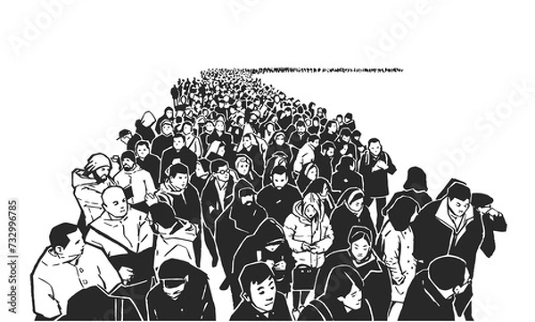 Fototapeta Illustration of large crowd of people standing in line in black and white