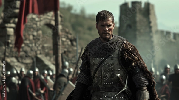 Fototapeta Ein Ritter auf einer Burg in historischem Gewand oder Rüstung