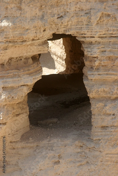 Fototapeta Archaeological site of Qumran where Dead Sea scrolls discovered in caves in cliffs, Judean Desert, Israel,