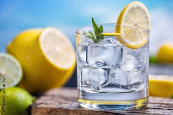Fototapeta Alcoholic gin tonic drink with ice and lemon on a beautiful background, top view., 4k quality