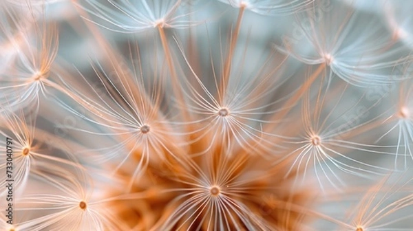 Obraz A close-up of a dandelion seed head, its delicate filaments captured in exquisite detail, suitable for botanical studies, artistic textures, or hyperrealistic nature photography for interior design 