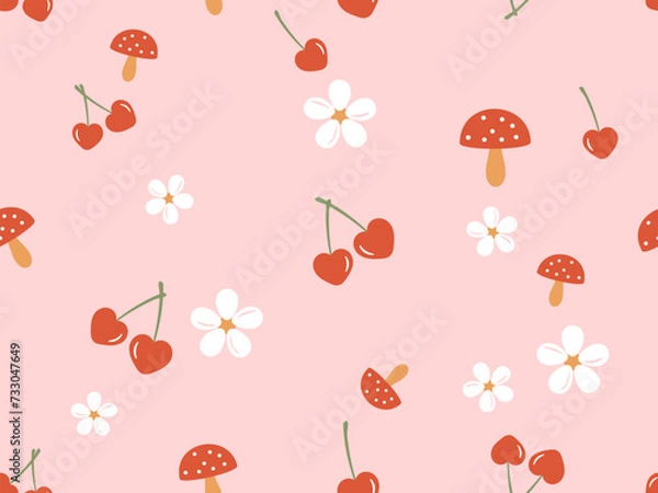 Fototapeta Seamless pattern with heart shape cherry, white flower and mushroom on pink background vector illustration.