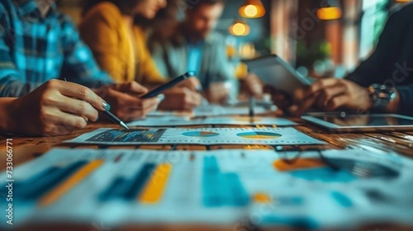 Obraz Actual Team Engagement: Business Professionals Gathering for Social Media and Startup Project Planning, Utilizing Tablets for Data Analysis