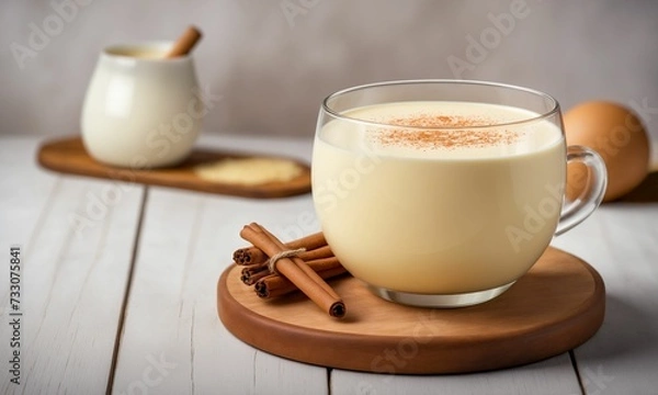 Fototapeta AI generated illustration of a glass of creamy eggnog with nutmeg shavings and cinnamon sticks