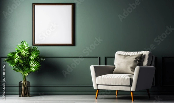 Fototapeta Minimalist modern living space with an elegant gray armchair, white framed blank artwork on a gray wall, white floor, and a green potted plant adding a touch of nature