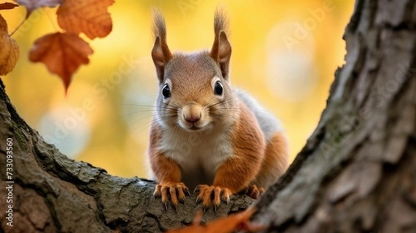 Fototapeta a small squirrel that is sitting in a tree branch looking at the camera
