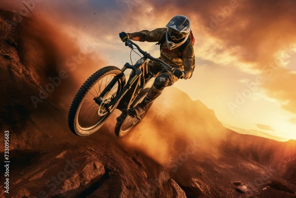 Fototapeta Mountain biker in action, a thrilling embodiment of extreme sports and adventure, AI Generative.