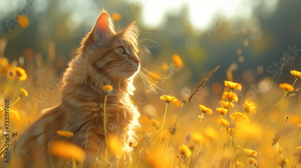 Fototapeta cat in the field during sunset