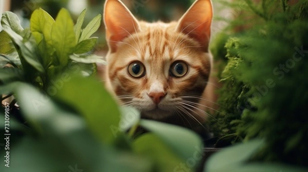 Fototapeta Quaint domestic scene capturing the curiosity of a cat as it reaches out towards the camera lens.