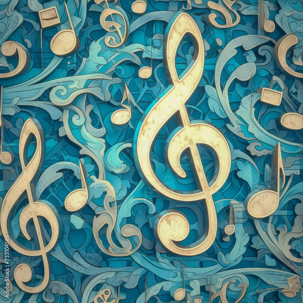 Obraz blue music clef note as background on a seamless tile, ai generated