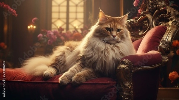 Fototapeta The magnificent image of a cat lounging leisurely on a sumptuous sofa, emanating an air of sophistication.