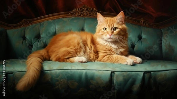 Fototapeta The splendid image of a ginger cat reclining with sophistication on a well-appointed couch.