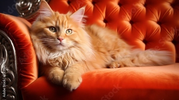 Fototapeta The splendid image of a ginger cat reclining with sophistication on a well-appointed couch.